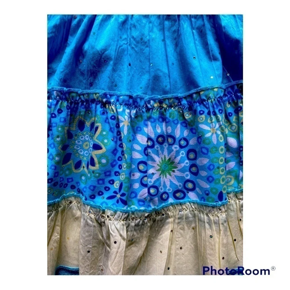 BLUE BERI BLVD-BLUE AND YELLOW BOHO STYLE HALTER DRESS-SZ 24 MONTHS